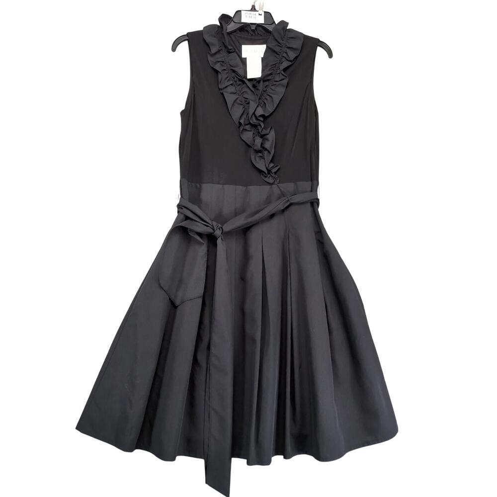 Vtg David's Bridal Black Ruffle Sleeveless Midi Dress 12 Pleated V-Neck Tie Belt